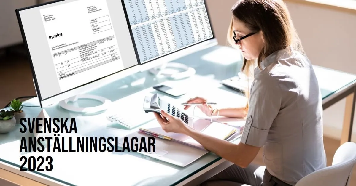 Bild av en kvinna som koncentrerar sig på redovisningsuppgifter medan hon tittar på flera skärmar, för artikeln 'Svenska Anställningslagar 2023'.