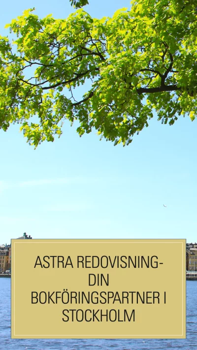 Gröna trädgrenar framför en klarblå himmel ovanför Stockholms stadsvyer, representerande Astra Redovisnings friska perspektiv på bokföring.