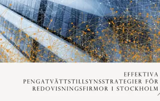 Bilden är en visuell representation av temat för effektiv tillsyn mot penningtvätt riktad till redovisningsfirmor i Stockholm. Den kombinerar element av digital design och nätverksillustrationer som antyder en modern och innovativ inställning till efterlevnad och samarbete inom området för finansiell reglering.