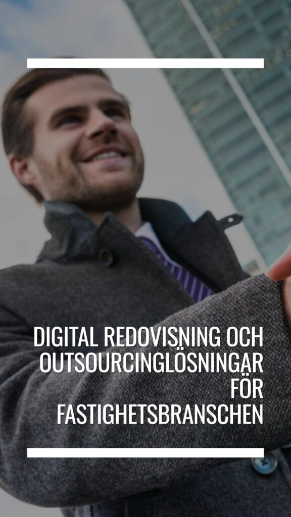 Digital redovisning och outsourcinglösningar för fastighetsbranschen, en man skakar hand framför en modern kontorsbyggnad.