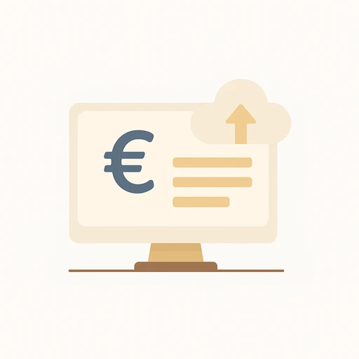 Illustration för handelsbolagstjänster inom redovisning med datorskärm, eurotecken och moln på ljus bakgrund – handelsbolag redovisning