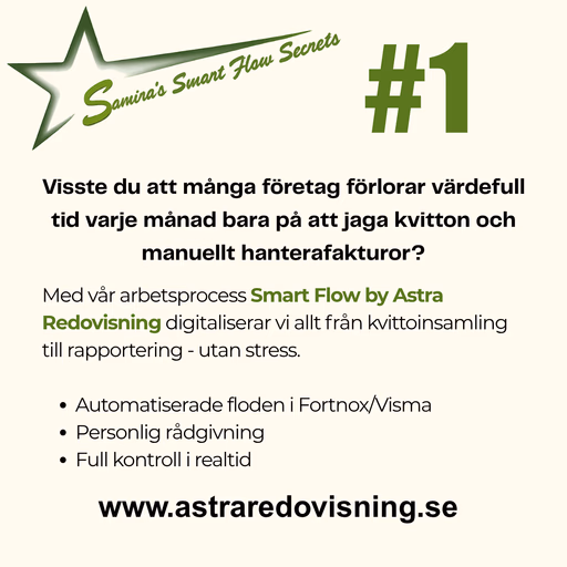 Grafik med text om Smart Flow Secrets #1 som beskriver hur företag förlorar tid på kvitton och manuella fakturor och hur Smart Flow digitaliserar hela processen – smart flow digitalisering