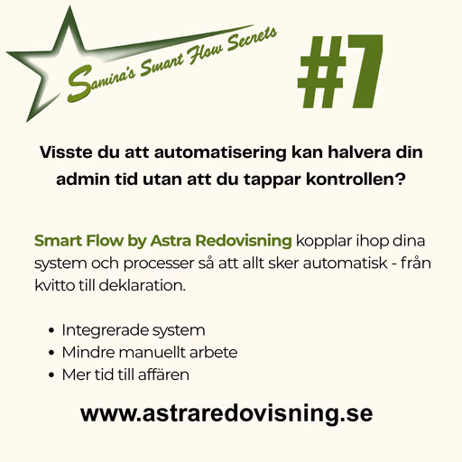 Grafik med text om Smart Flow Secrets #7 som beskriver hur automatisering kan halvera admin-tid med integrerade system och mindre manuellt arbete – smart flow automation